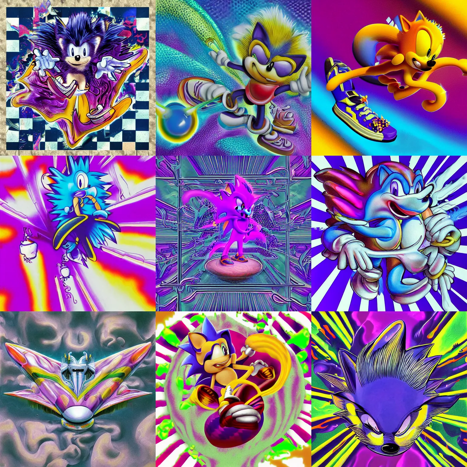 Prompt: surreal, faded, detailed professional, high quality airbrush art MGMT album cover of a liquid dissolving LSD DMT sonic the hedgehog on a flat purple checkerboard plane, 1990s 1992 prerendered graphics raytraced phong shaded album cover