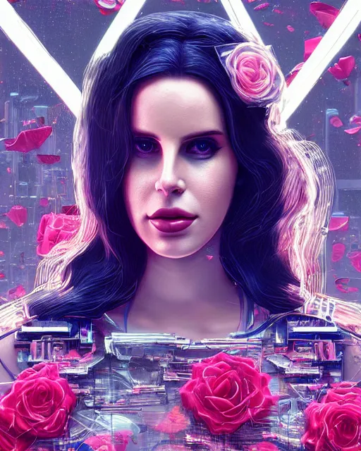 Image similar to portrait of lana del rey as a cyberpunk cyborg. sci - fi intricate abstract upper body intricate artwork, roses, rose petals by tooth wu, wlop, beeple, dan mumford. concept art, octane render, trending on artstation, greg rutkowski, asymmetrical, cinematic arthouse, key art, hyper realism, iridescent accents