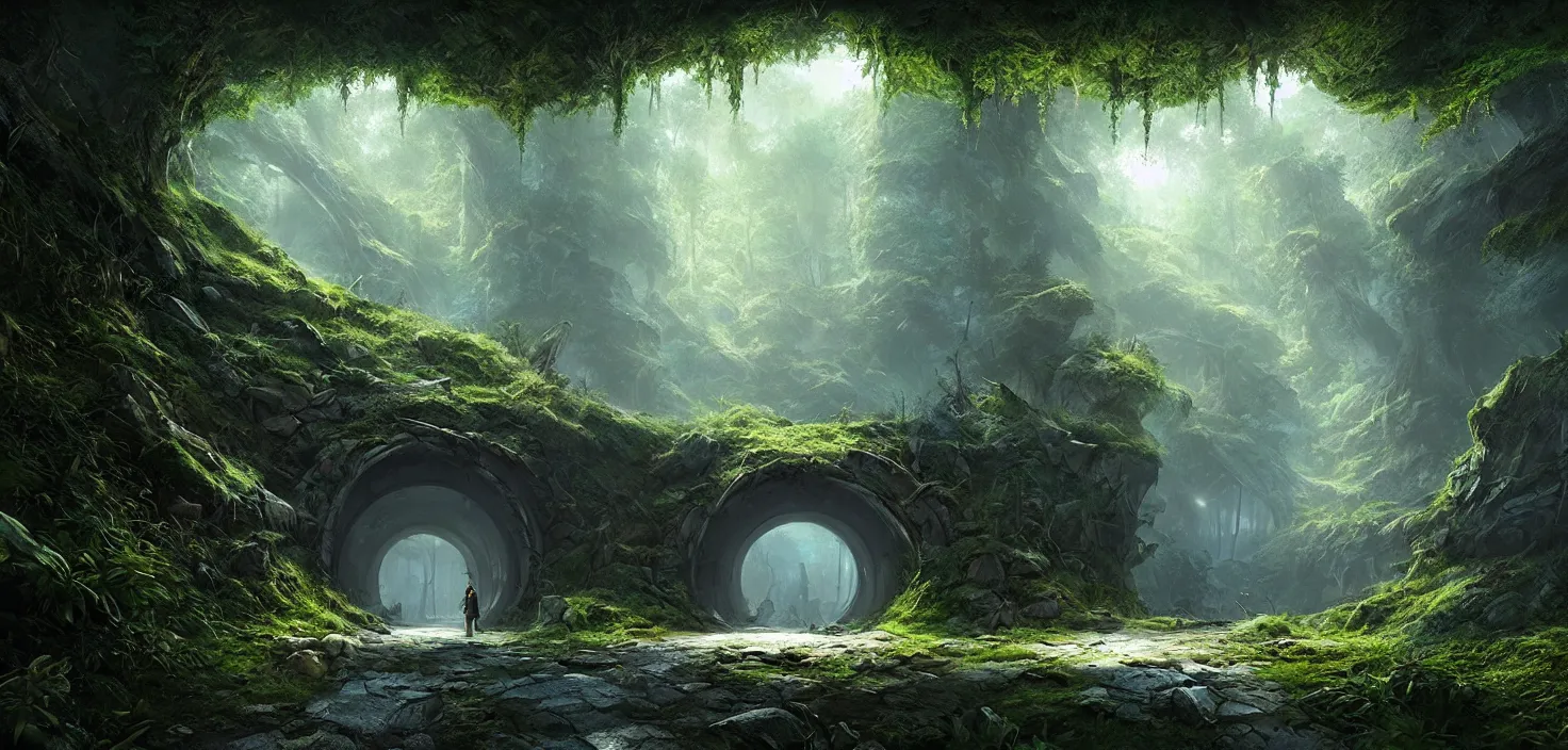 Prompt: tunnel in the middle of a forest, a matte painting by stephan martiniere, featured on cgsociety, fantasy art, matte painting, unreal engine 5, tesseract