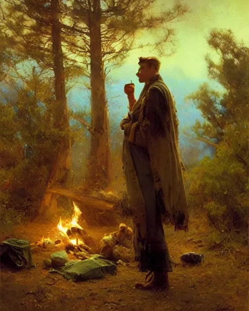 Image similar to very very attractive man contemplates his hands from beside the fire, his tent is nearby, nighttime, dim stars, bright firelight, melancholy, nostalgia, painting by gaston bussiere, craig mullins, j. c. leyendecker