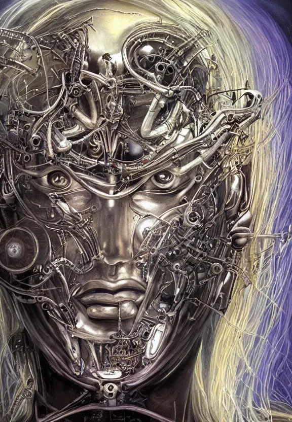 Image similar to perfectly centered portrait, front view of a beautiful biomechanical cyberpunk alien android robot buddha, female, flowing hair, intense stare, sarcastic smile, symmetrical, concept art, intricate detail, volumetric shadows and lighting, realistic oil painting by alex grey and h. r giger,