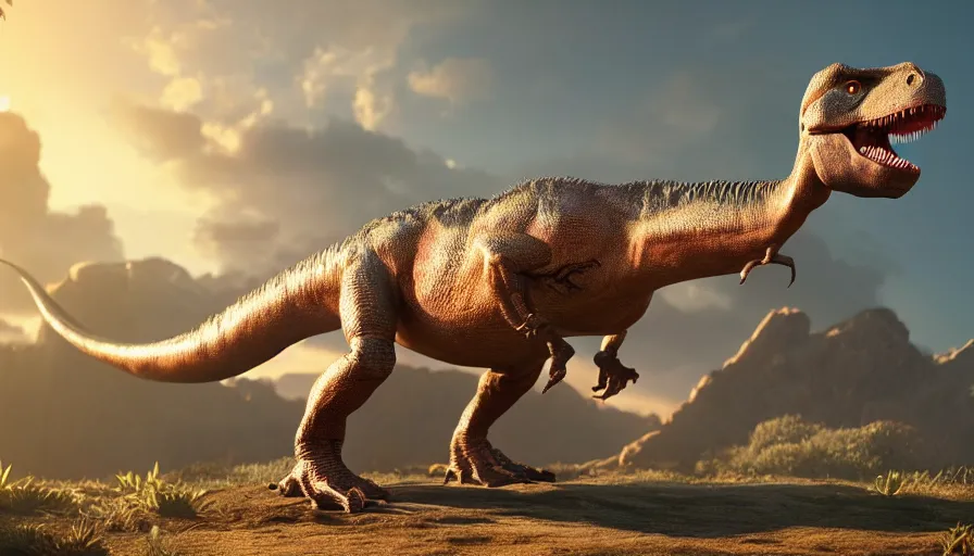 Image similar to hyper realistic highly detailed nature photography of a dinosaur, prehistoric planet, volumetric lighting, octane render, 4 k resolution, golden hour