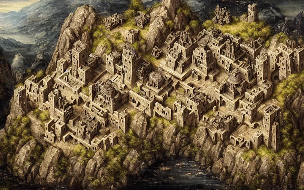 Prompt: aerial view of a dwarven fortress chiseled into the side of a mountain, a baroque oil painting, ominous, epic, medieval fantasy landscape, deep halls, runes, torches, waterwheels, windmills, ornate jewels, trading depots, extremely detailed, sharp focus