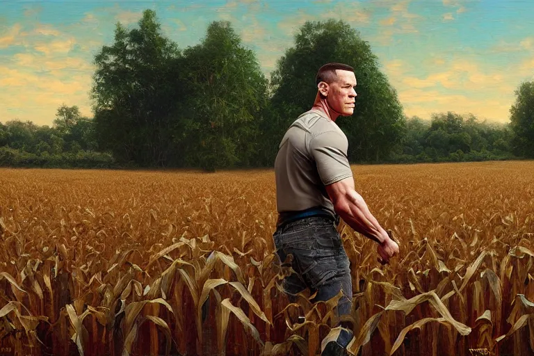 Prompt: john cena in a corn field, an oil painting by ross tran and thomas kincade