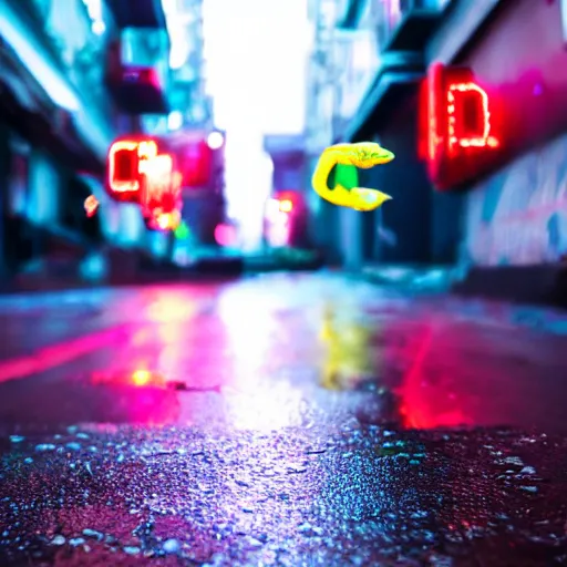 Image similar to a high quality low wide angle photo of a chameleon on the streets of a cyberpunk city, rainy, reflective ground, neon lights, realism, 8k