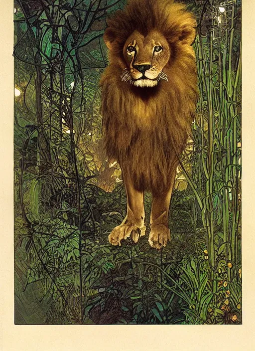 Image similar to a lion cub with black wings on its back in the middle of a lush forest at night. diffuse neon light, dramatic landscape, fantasy illustration, matte painting by mucha