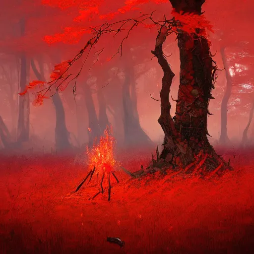 Image similar to A flaming forest , flaming leaves,fire ,Magma,Red stones are scattered, flame red ferns, flame red shrubs, huge flame Fantasy plant,covered in flame red porcelain vine, artstation,by Jakub Rozalski