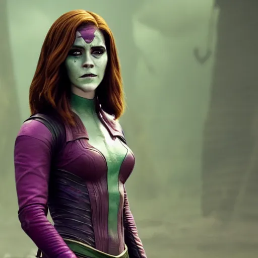 Prompt: Film still of Emma Watson as Gamora, from Guardians of the Galaxy Vol. 2 (2017), full shot
