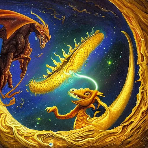 Image similar to A beautiful performance art of a dragon in space by Justin Gerard. The dragon is in the foreground with its mouth open, revealing rows of sharp teeth. Its body is coiled and ready to strike, and its tail is wrapped around a star in the background. The colors are bright and the background is full of stars and galaxies. The overall effect is one of chaotic energy and movement. french rose by Peter Wileman, by Raphael Lacoste elaborate