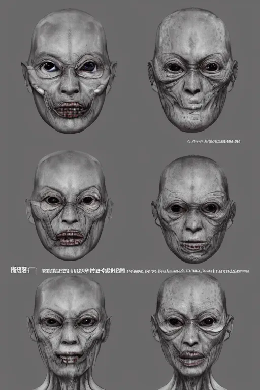 Image similar to asian facial anatomy with gunmetal grey skin, medical anatomy, very symmetrical face, highly detailed, three - perspective / three - view reference sheet ( front / back / side ), in the style of dan ouellette, steven jung, amanda lilleston, hr giger, sil from species, dren from splice, mecha, artstation, unreal engine