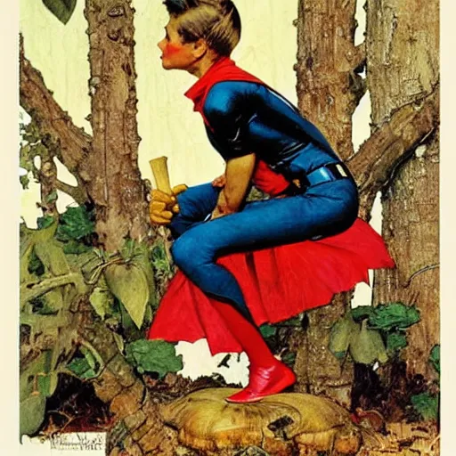 Image similar to Mushroom-based superheroine. A painting by Norman Rockwell.