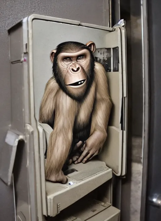 Image similar to uncanny hybrid human - ape, half human half ape inside fuse box in post communist apartment building