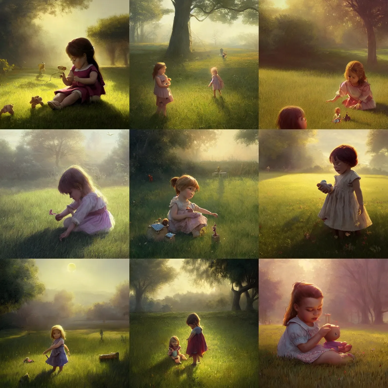 Prompt: cute 2 year old girl playing with dolls in the grass. dawn light. atmospheric lighting. summer morning. highly detailed matte painting by greg rutkowski.