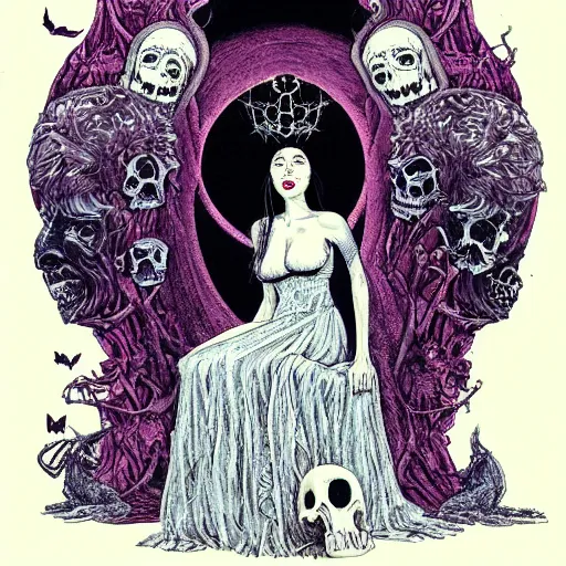 Image similar to the gothic wiccan beautiful queen witch occult woman sitting atop her throne made of skulls by gerald brom by anna steinbauer by kelly mckernan by edward gorey, trending on artstation