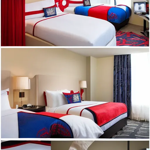 Image similar to designer photography of hotel room themed to spider - man motif. bed has spider - man blankets. wall has spider - man pattern. furniture has spider - man motif. furniture is shaped like spider - man furniture. carpet has spider - man motif. lighting has spider - man film shapes