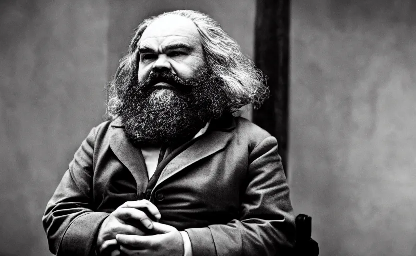 Prompt: Jack Black as Karl Marx in 'Marx' (2018), movie still frame, oscar nominated cinematography, volumetric lighting, 8k resolution