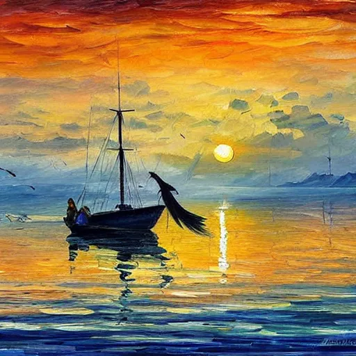 Image similar to rising sun ( ( ( fishing cormorant, fishing boat ) ) ) on the naples bay, by leonid afremov and moebius