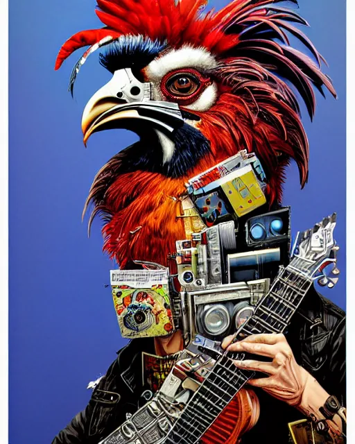 Prompt: a portrait of an anthropomorphic cyberpunk rooster playing a banjo by sandra chevrier, by jon foster, detailed render, tape deck, epic composition, cybernetics, 4 k realistic, cryengine, realistic shaded lighting, sharp focus, masterpiece, by enki bilal