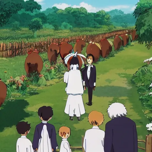 Image similar to STUDIO GHIBLI | a wedding at the farm, happy antropomorphic farm animals wearing wedding suits and robes, extended family, outside, mountain background, by Studio Ghibli, still picture, perfect movie shot, animation masterpiece, composition, frame