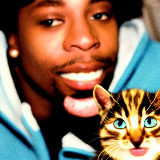 Image similar to 15mm wide-angle lens photo of a rapper in 1990 New York holding a kitten up to the camera