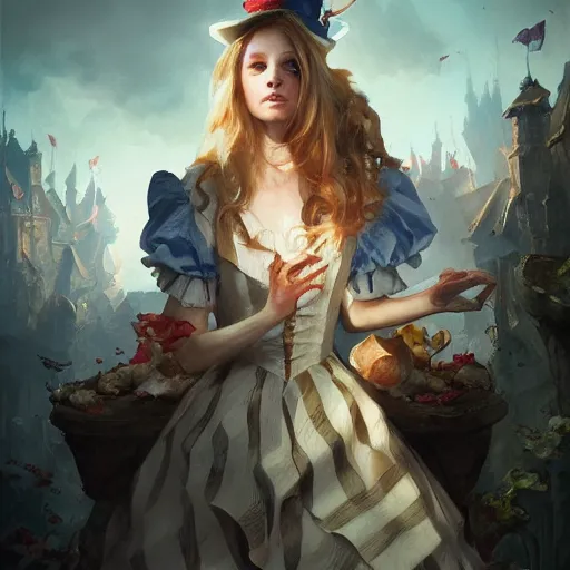 Image similar to portrait of alice in wonderland, dramatic lighting, city background, chiaroscuro, high detail, painted by greg rutkowski, painted by igor kieryluk, painted by bobby chiu, trending on artstation