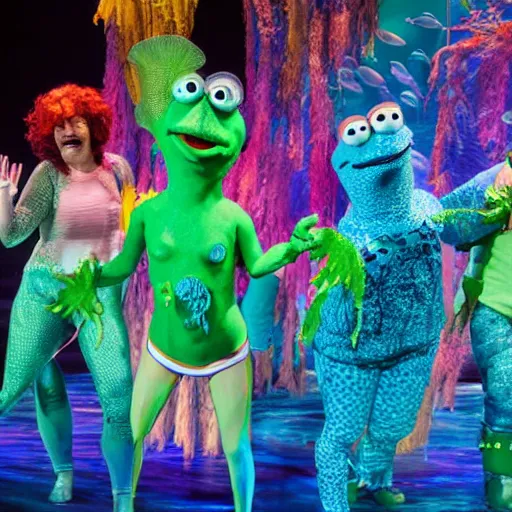 Image similar to a cast of aquatic puppets based on real fish and aiming to bring awareness to ocean and oil pollution, in the style of muppets, in an aquarium, lighting and character design from spongebob the musical on broadway, real, photograph, cinematic