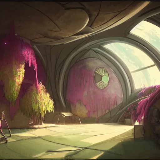 Image similar to concept art painting of a interior of a circular alien fantasy fungus house, realistic, detailed, cel shaded, magenta and gray, dark, in the style of makoto shinkai and greg rutkowski and james gurney