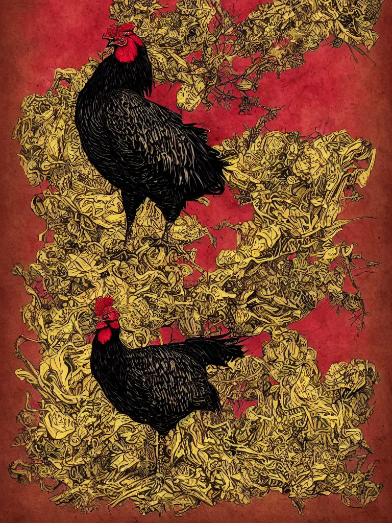 Prompt: dark military portrait of a majestic Fat!!!! Black Rooster, the King of rooster old decrepit tarot card, avian warrior, red gold black royal tarot card background, with blunt brown border and Cannabis trees, ultra-detailed pen and ink illustration, vibrant red colour and shiny gold, sharp focus, matte painting, symmetrical, golden ratio, cgsociety, concept art, 8k, octane render, artstation, art by Gerald Brom