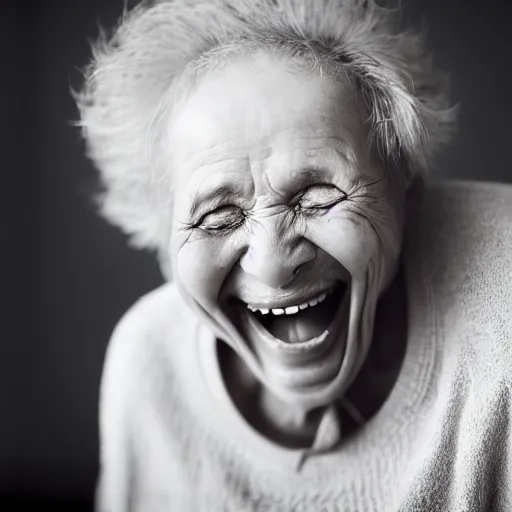 Prompt: photograph of old woman laughing