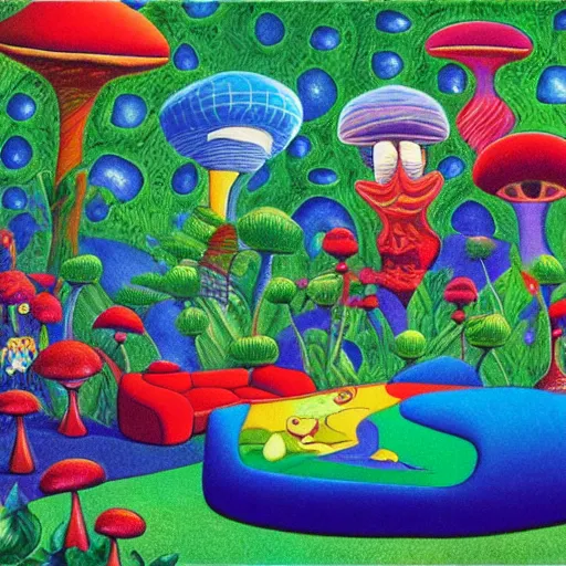 Image similar to psychedelic couch in the lush forest, planets, flowers, mushrooms milky way, sofa, cartoon by carl barks and eric carle