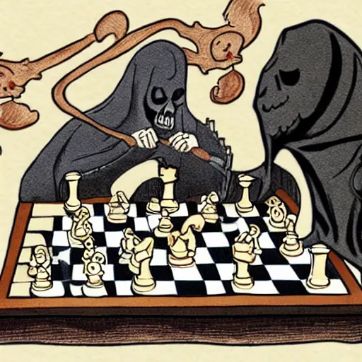Prompt: grim reaper playing chess with cat, book miniature illustration style,