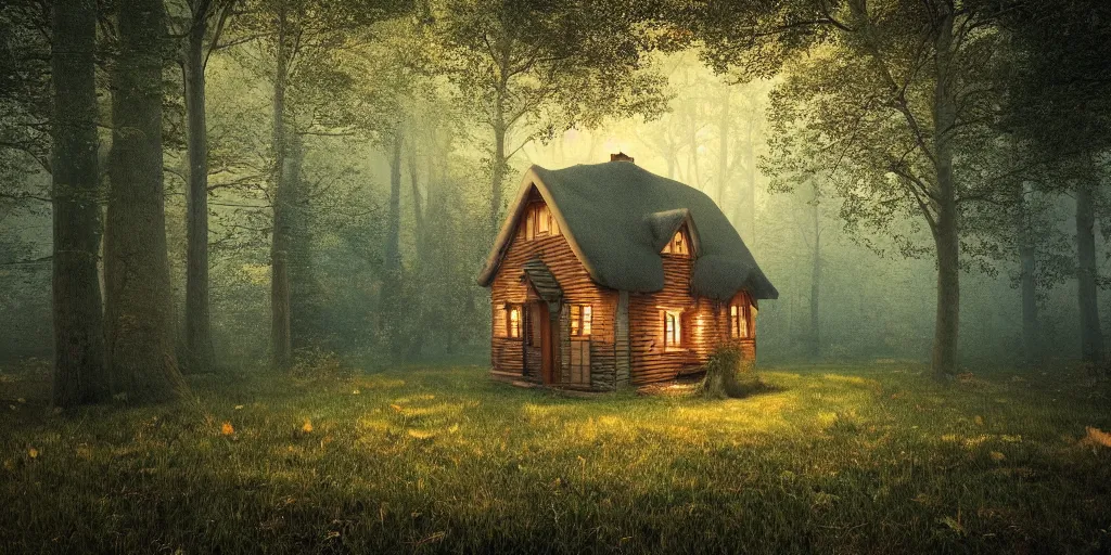 Image similar to solitary cottage in the woods and empty woods, 8k, fantasy, hyper realistic, atmospheric lighting