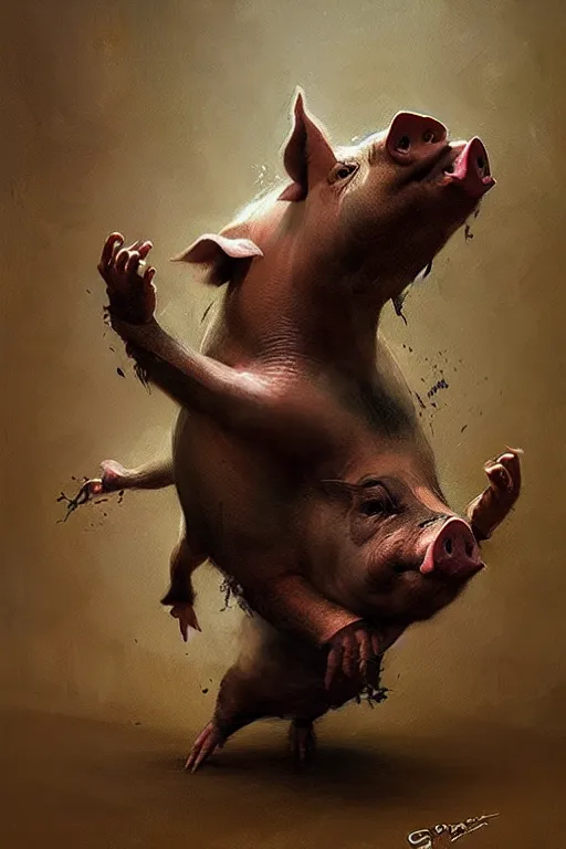 Image similar to pig dance by greg rutkowski, giger, maxim verehin, goya