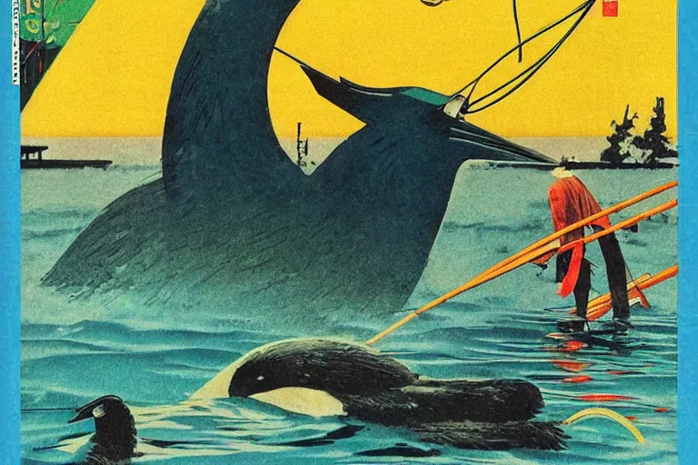 Image similar to 1 9 7 9 omni magazine cover of japanese cormorant fishing near tokyo. art in cyberpunk style by dali, and vincent di fate