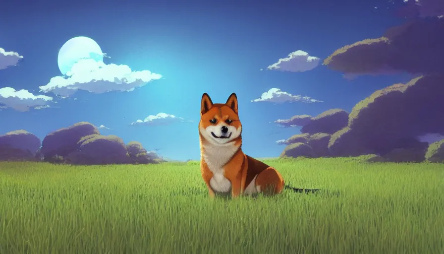 Image similar to a highly detailed matte painting of a shiba inu on an open field, by studio ghibli, makoto shinkai, by artgerm, by beeple, by greg rutkowski, volumetric lighting, octane render, 4 k resolution, trending on artstation, masterpiece