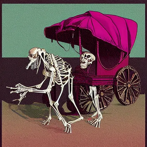 Prompt: The digital art features a human figure driving a chariot. The figure is skeletal and frail, with a large head and eyes. The chariot is pulled by two animals, which are also skeletal and frail. magenta by Adrian Tomine, by Vittorio Matteo Corcos distorted, intuitive