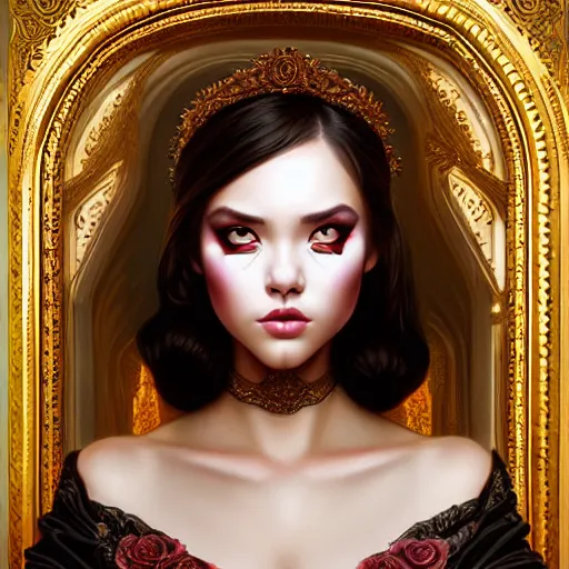 Image similar to symmetrical painting, a beautiful young female in dress, pretty, perfect face, elegant, ornate, luxury, elite, matte painting, by artgrem, by james jean, by ross tran - h 6 0 0