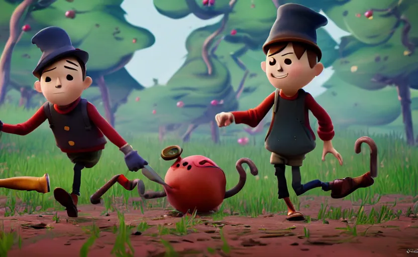 Prompt: very cute angry greg and wirt, over the garden wall, disney pixar character concept artwork, 3 d concept, fortnite character, high detail iconic character for upcoming film, 8 k octane render