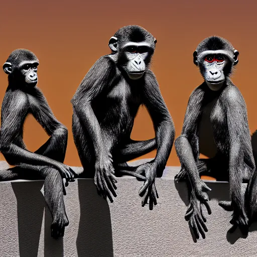 Image similar to Contamporary art photography of ultra mega super hyper realistic detailed group of monkey's that wears suits standing around very highly detailed Obsidian monolith in the desert