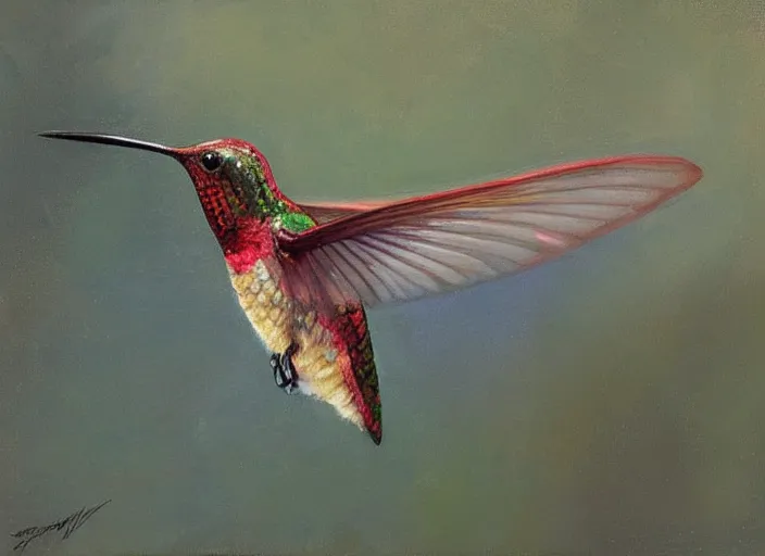 Prompt: “ a highly detailed beautiful portrait of a killer hummingbird, by gregory manchess, james gurney, james jean ”