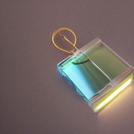 Prompt: an ultra high definition professional studio quality photograph of a transparent iridescent perspex pastel coloured luggage bag on a coat hook in an empty white room. dramatic lighting, ray tracing, refraction, shallow d. o. f, colour corrected, golden ratio, three point light. volumetric shadows. light rays.