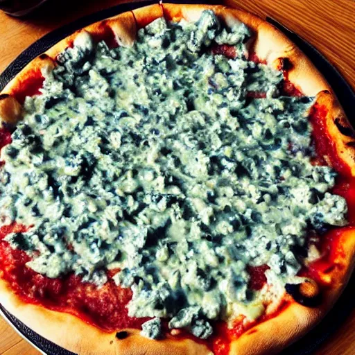 Image similar to a pizza with blue sauce and green cheese