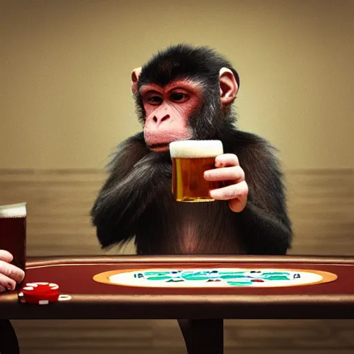 Image similar to Monkey drinking beer playing poker, Hyper Realism, realistic, cinematic lighting, ambient lights, depth of field, perspective,