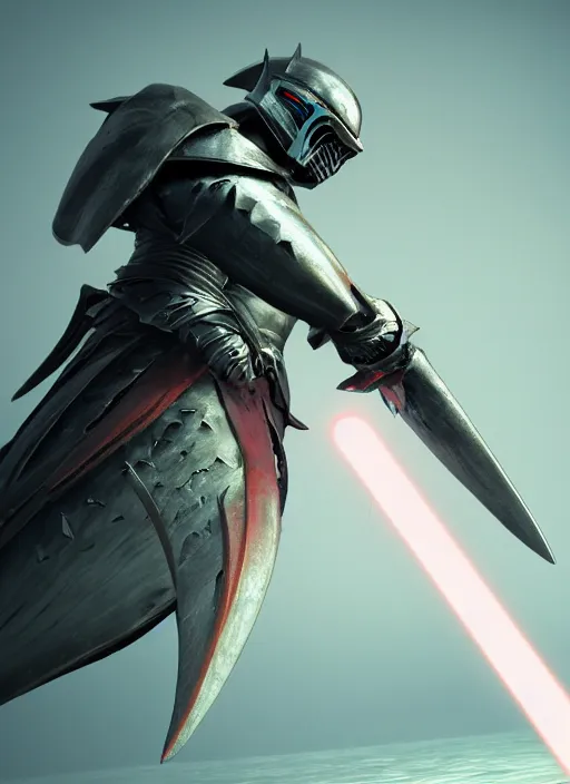 Image similar to side portrait of a shark in knight armor holding a lightsaber, 3 d render, hyper - realistic, detailed, ruan jia, wlop, fantasy, scifi, magic the gathering