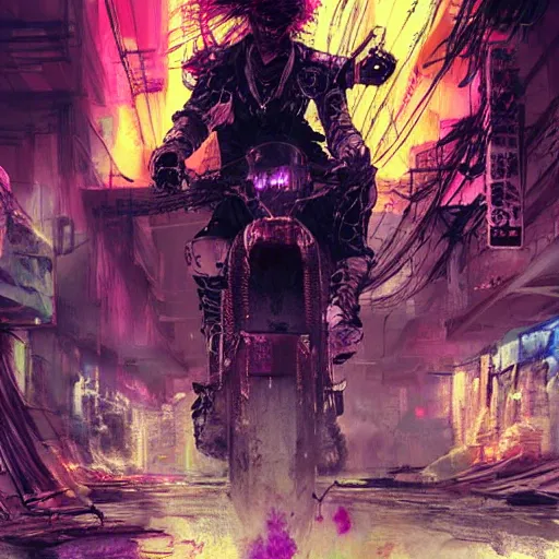 Image similar to portrait painting of a street samurai with long purple hair riding a motorcycle through a burning cyberpunk slum, glitch, concept art, intricate details, eerie, highly detailed, art by tsutomu nihei