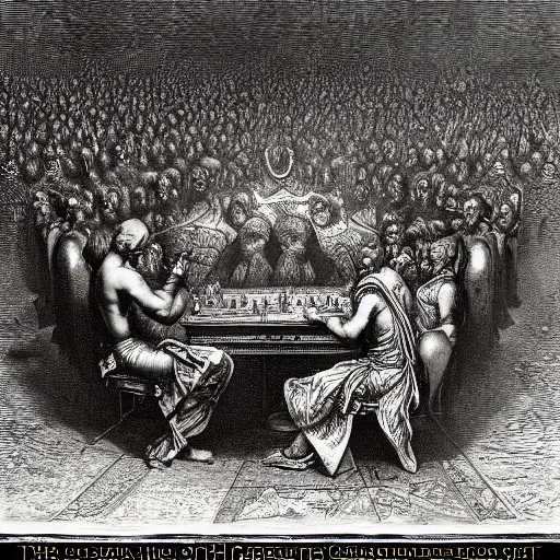 Image similar to the most epic chess game in all of time and space, by gustave dore, cinematic, heavy metal album cover