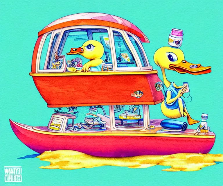 Image similar to cute and funny, duck riding in a tiny cruise ship, ratfink style by ed roth, centered award winning watercolor pen illustration, isometric illustration by chihiro iwasaki, edited by craola, tiny details by artgerm and watercolor girl, symmetrically isometrically centered