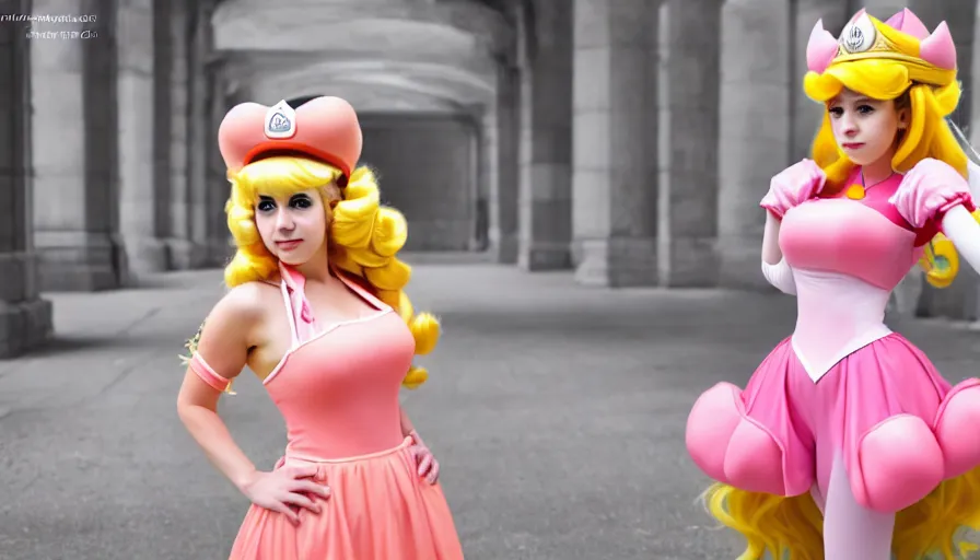 Image similar to amazing cosplay of princess peach from mario, symmetrical, cinematic, real photography, 4 k, ultra hd