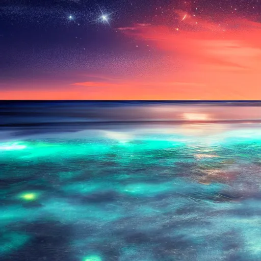 Image similar to nighttime view of beach on the ocean, bioluminescent on the edges of waves, realistic, fine detail, 4k, amazing