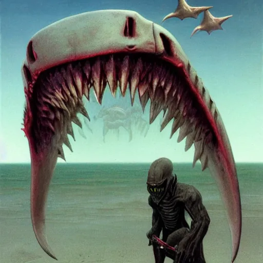 Image similar to vampire with shark teeth, background beach, gothic, warhammer, colorful, highly detailed, artstation, digital art by zdislav beksinski and wayne barlowe